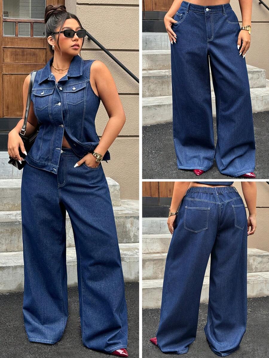 SHEIN ICON 大码女式口袋宽松喇叭休闲百搭牛仔裤 - 深色水洗藍 - 查看 1