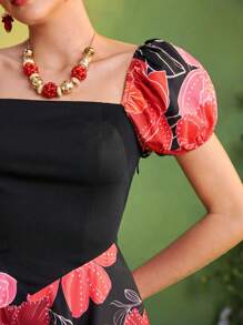 Frida Kahlo X SHEIN X Designer The Perfect Party Vestido mini lindo de manga corta abullonada con estampado floral para mujer, atuendo de vacaciones de verano