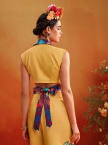 Israel Jasso Frida Kahlo X SHEIN X Designer 黄色花卉印花翻领丝带短款上衣女款夏季度假 - 彩色 - 查看 2