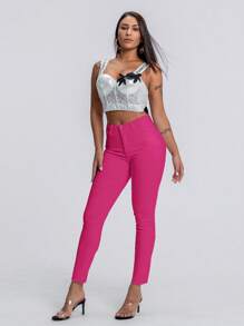 SHEIN SXY Plain Pocket Skinny Casual Jeans, Versatile Fit For Summer Hot Pink Jeans Pink Jeans For Women Skinny Jeans Women Pink Jeans Pink Jeggings