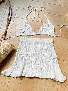Comfortcana Set da 2 pezzi da donna, costume da bagno a collo alto di colore unito e minigonna
