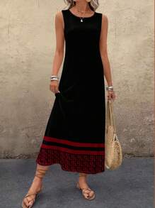 SHEIN LUNE Casual Retro Pattern Round Neck Women Tank Dress, Suitable For Summer - Multicolor - View 3
