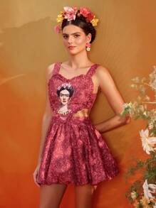 Frida Kahlo X SHEIN X Designer TIYA Summer Floral Printed Sweetheart Smocking Back Balloon Bubbled Hem Dress Women Vacation Outfits