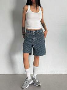 DAZY 女士夏季水钻装饰休闲宽松直筒七分牛仔短裤亮片 - 深色水洗藍 - 查看 3