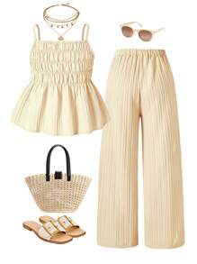SHEIN Teens/Teen Girl Cute Casual Vacation Sleeveless Cami Top And Wide Leg Pants Outfit Set, Spring/Summer - Apricot - View 2