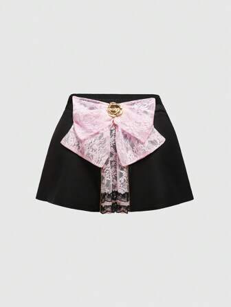 J-Fashion Jupe mi-longue style gyaru himekaji taille haute avec fausse superposition en dentelle et nœud en grande taille pour femmes en surpoids