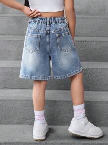 SHEIN 年轻女孩 Y2K 口袋宽松休闲复古蓝色牛仔短裤 - 淺色水洗藍 - 查看 2