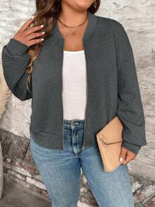 Plus Size Casual Versatile Solid Color Textured Jacket Fall Winter Cloth For Women Autumn - Dark Grey - View 3