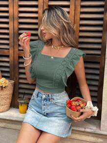 SHEIN Frenchy Blusa corta de mujer de verano, con diseño sexy de unicolor, parche de encaje, espalda descubierta y dobladillo con volantes