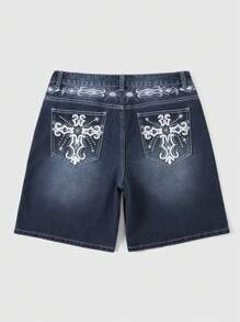 ROMWE MEN Goth Men's Cross Print Pocket Casual Versatile Denim Shorts, Halloween - Blue - View 1