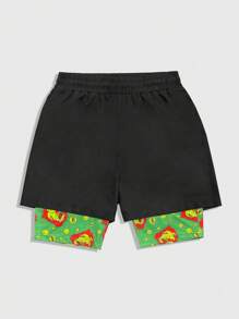 ROMWE MEN Nick 90's X ROMWE 男士字母和卡通印花抽绳腰休闲短裤，街头服饰 - 彩色 - 查看 2