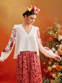 Frida Kahlo X SHEIN X Designer Oxana Placement Floral Print V Neck Flowy Puffy Long Sleeves Blouse Top Women Summer Vacation