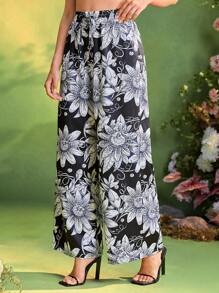 Frida Kahlo X SHEIN X Designer Oxana Black Floral Print Elastic Waistband Wide Leg Pants For Women Summer Vacation Holiday