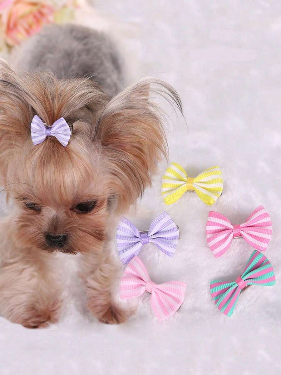 5 件条纹蝴蝶结发夹，适合约克夏犬、泰迪犬、贵宾犬、猫和狗，颜色随机 - 彩色 - 查看 1