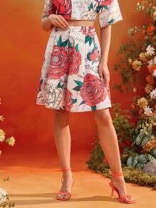 Frida Kahlo X SHEIN X Designer KATHARSIS Summer Floral Printed High-Waist Wide Leg Shorts Women Summer Outfits