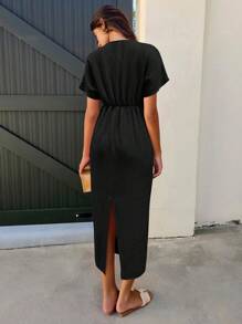 SHEIN LUNE Đầm dài tay ngắn cổ chữ V sâu đơn giản hàng ngày màu trơn cho nữ - màu đen - Xem 2
