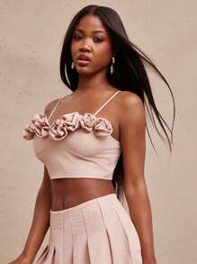 SHEIN Unity Top Camisol Flower Rose Detail Sleeveless Linen Casual Everyday Going Out Vacation Summer Music Festival Thanksgiving Christmas NYE New Years Eve Outfits For Women - Pink - View 6