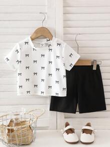 Baby Mädchen Koreanische Mode lässige süße Rundhalspulli mit Digitalprint und Schleife, dazu einfarbige gestrickte Shorts, Sommer