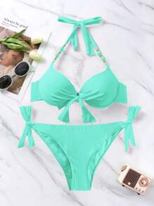 SHEIN Swim Bộ bikini gợi cảm buộc dây màu trơn đi biển mùa hè cho nữ, đệm nâng ngực có dây, thiết kế in họa tiết - Màu xanh Bạc hà - Xem 5