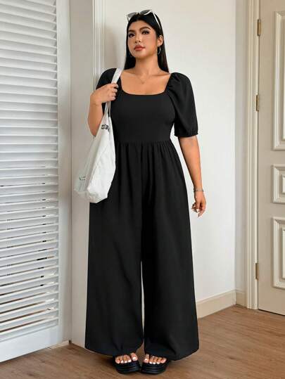 SHEIN EZwear Plus Size Women Solid Color Puff Sleeve Loose Jumpsuit, Black, Summer Black Jumpsuit Women Wide Leg Jumpsuit