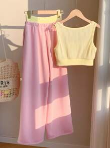 Comfortcana 2pcs/Set Women Summer Vacation Outfit: Letter Print Tank Top & Contrast Splicing Long Pants, Butter Yellow And Pink