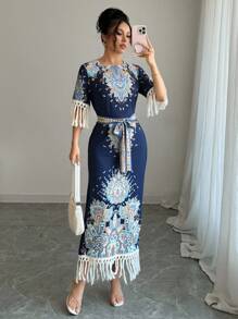 Chiquease Round Neck Side Slit Hem Printed Long Dress For Women - Blue - View 1