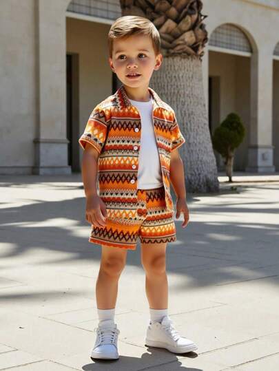 SHEIN Mirajuku Kleine Jungen Kurzarm Hemd & Shorts Set, modisches Sommer T-Shirt Outfit