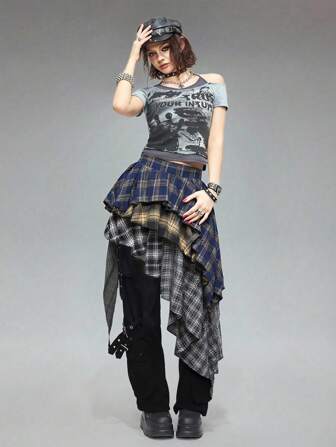 Grunge Punk Vintage Grunge karierte Patchwork asymmetrischer Saum geschichteter Mini-Rock für Frauen