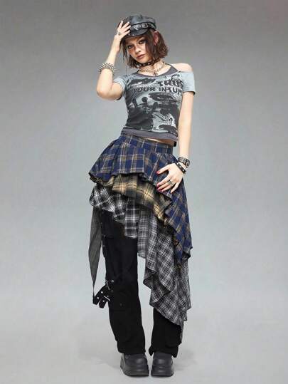 Grunge Punk Minifalda asimétrica con dobladillo en capas, de estilo vintage grunge de cuadros a patchwork, para mujer