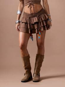 MISSGUIDED 平纹针织珠饰多层荷叶边迷你裙