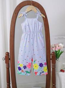 Baby Girls Summer Casual Vacation Chiffon Striped Floral Print Sleeveless Jumpsuit - Blue - View 3