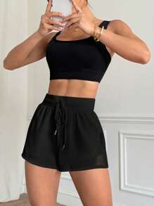 Easithlete Quần short thể thao cạp cao màu trơn, quần short chạy bộ mùa hè cho nữ, quần áo tập luyện cho nữ, quần áo thể thao nữ, quần short tập luyện, quần short thể thao nữ, quần short phối lưới, quần short thể thao màu đen, quần short cạp cao màu đen, quần short tập gym màu đen. - màu đen - Xem 6