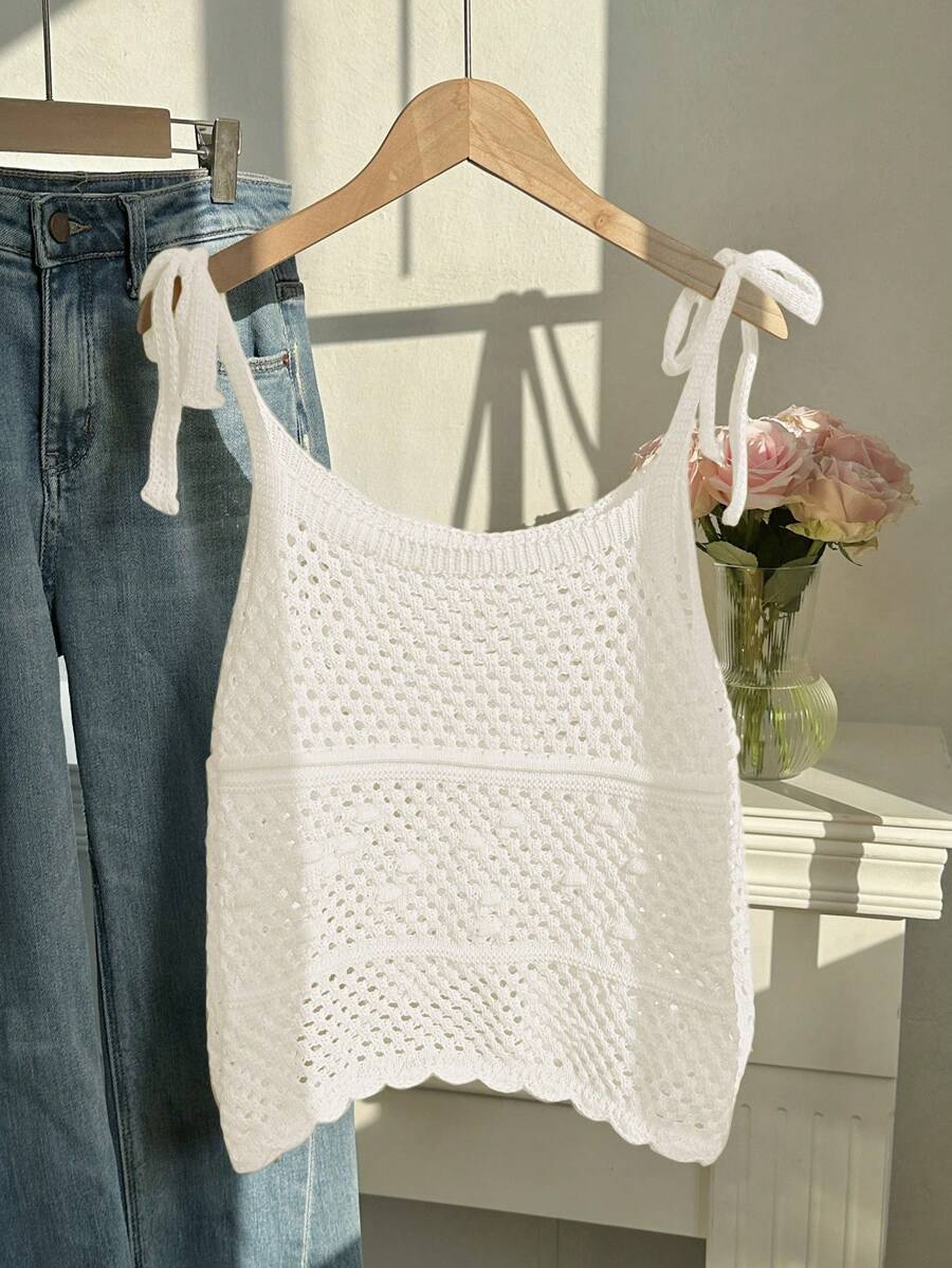 Comfortcana Chaleco sin mangas de punto abierto de unicolor con nudo en el hombro, estilo casual de vacaciones para mujer de talla grande - Blanco - Ver 1