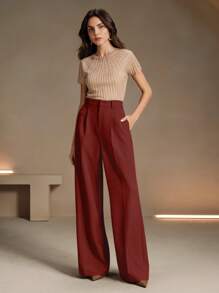 Anewsta 黑色宽松直筒腰头都市通勤西装裤 - 紅色 - 查看 4