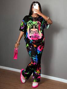 SHEIN Leap Crew 2pcs Set Teen Girls Dip Dye Spray Print Knitted Top And Flared Pants For Casual, Street Wear, Festival In Summer, Rave Outfit - Multicolor - View 1