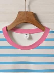 Girls Blue & White Striped Printed Contrast Collar Round Neck Loose Casual T-Shirt, Summer - White - View 4