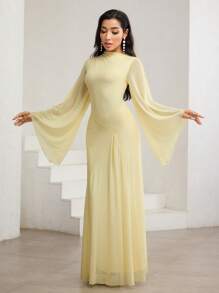 Veilorie Yellow Oil Cream Yellow Oblique Neck, Ruched, Asymmetric, Pale Yellow Asymmetrical Hem, Bell Sleeve, Elegant Dress Light Yellow Dress Women Yellow Maxi Dress - Yellow - View 6