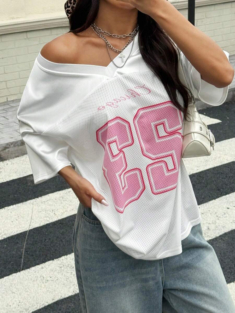 StreetHx Camiseta de malla oversize con estampado numérico, estilo deportivo casual Y2K - Blanco - Ver 1