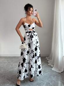 Elenzga Đầm dài hở lưng in họa tiết đơn giản thời trang cho nữ cổ buộc - Đen và trắng - Xem 1