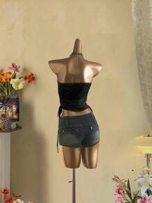 Attitoon Top tubo casual con cordón lateral y decoración de strass, estilo vintage