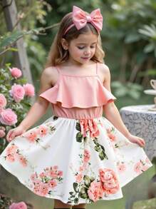 SHEIN Young Girl Floral Patchwork Ruffle Trim Sleeveless Knee Length Dress