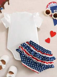 2pcs/Set Baby Girl Cute Letter Embroidery Fly Sleeve Romper And Striped Polka Dot Bow Shorts Set, Summer , 4th Of July Outfit - White - View 3