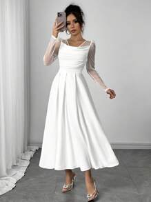 Firerie 女士新款优雅水钻雪纺长袖喇叭领连衣裙、白色连衣裙、节日连衣裙、沙滩裙、休闲日常装/骄傲装女士/假期装女士/生日装/女士教师装 - 白色 - 查看 2