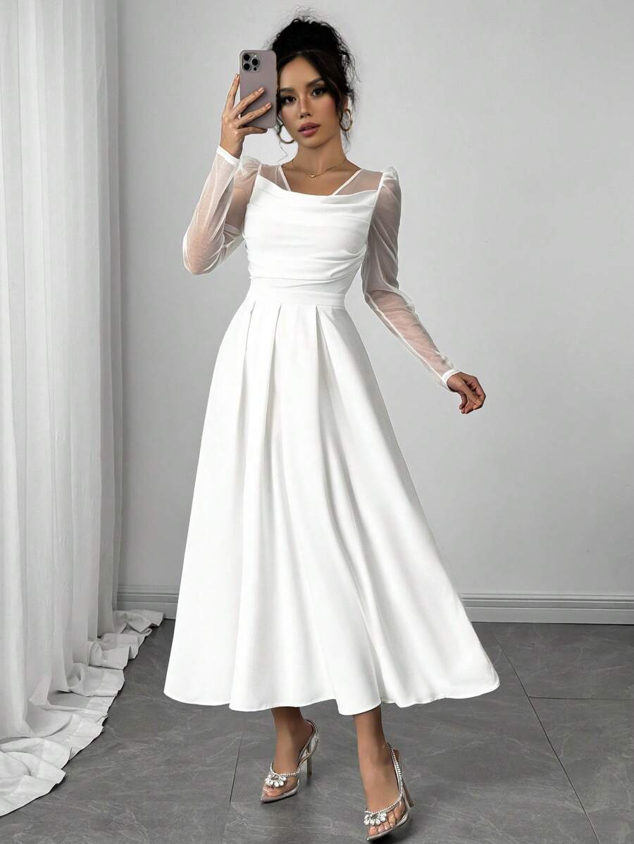 Firerie 女士新款优雅水钻雪纺长袖喇叭领连衣裙、白色连衣裙、节日连衣裙、沙滩裙、休闲日常装/骄傲装女士/假期装女士/生日装/女士教师装