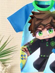 Conjunto de traje de baño informal para niño con camiseta de manga corta de cuello redondo con estampado de dibujos animados y pantalones cortos, apto para el verano