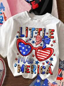 SHEIN Leap Crew 4th Of July, Cute Red & Blue Flag , Bow Graphic, Young Girl Casual Cartoon Pattern Tee Shirt 3pcs Set, Summer - Multicolor - View 3