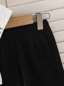 Baby Mädchen Koreanische Mode lässige süße Rundhalspulli mit Digitalprint und Schleife, dazu einfarbige gestrickte Shorts, Sommer