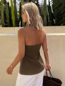 DAZY Top bandeau ajustada y fruncida de unicolor casual de verano para mujer