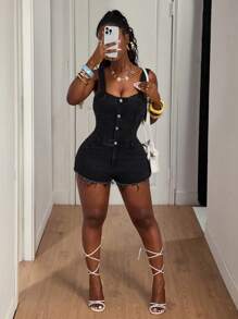 Slaydiva 女式纯色前扣口袋紧身连衣裤和背带裤