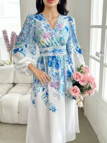 Modelyn Women's Floral Print V-Neck Lantern Sleeve Elegant Midi Dress, Perfect For Vacation Fall Cloth For Women